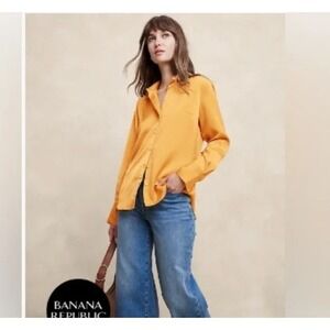 NWT Banana Republic Factory Silky Classic Shirt XL Sugar Maple Leaf Yellow Satin